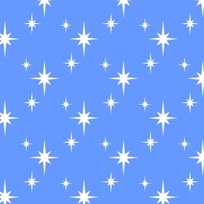 White Mid Century Starbursts on Blue
