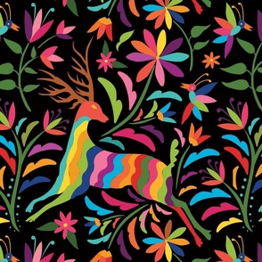 Deer and Floral Otomí Pattern in Black Background