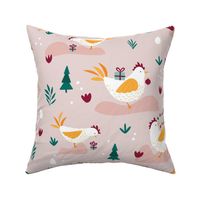 Large Christmas Holiday Chickens on pink