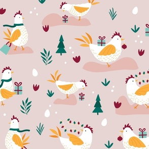 Large Christmas Holiday Chickens on pink