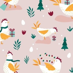 Medium  Christmas Holiday Chickens on pink