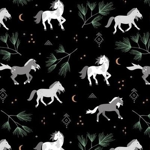 Magic Christmas Night Wild Horses Moonlight Kids pattern in slate grey white green on black