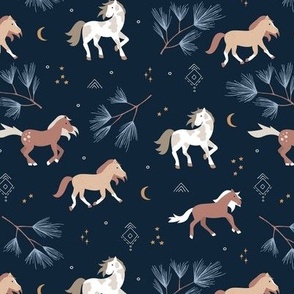 Magic Christmas Night Wild Horses Moonlight Kids pattern in beige cinnamon white on navy