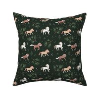 Magic Christmas Night Wild Horses Moonlight Kids pattern in slate grey white green on dark green