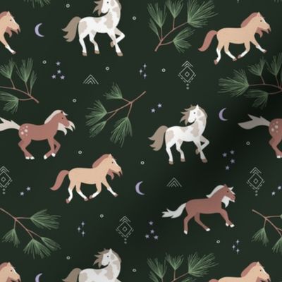 Magic Christmas Night Wild Horses Moonlight Kids pattern in slate grey white green on dark green