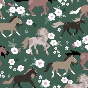Wild horses sweet spring blossom running horse race girls animals illustration olive green night pink brown
