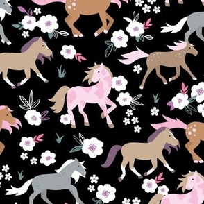 Wild horses sweet spring blossom running horse race girls animals illustration gray pink neutral brown on black night