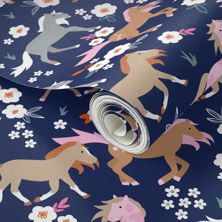 Wild horses sweet spring blossom running horse race girls animals illustration navy blue pink