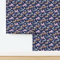 Wild horses sweet spring blossom running horse race girls animals illustration navy blue pink