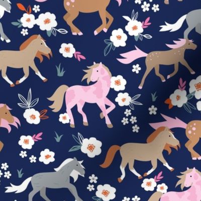 Wild horses sweet spring blossom running horse race girls animals illustration navy blue pink