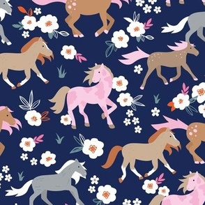 Wild horses sweet spring blossom running horse race girls animals illustration navy blue pink