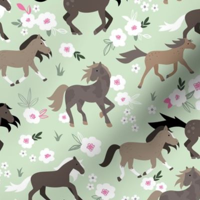 Wild horses sweet spring blossom running horse race girls animals illustration gray mint green white