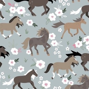 Wild horses sweet spring blossom running horse race girls animals illustration gray brown white neutral