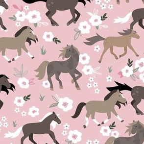 Wild horses sweet spring blossom running horse race girls animals illustration pink white brown