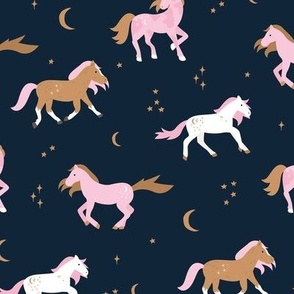 Magical Night time running horses in cinnamon pink white on midnight blue