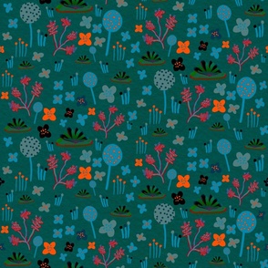Dark teal background to whimsical pond plants large