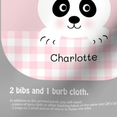Baby panda bibs and burp cloth CHARLOTTE  name in candy pink, grey, white