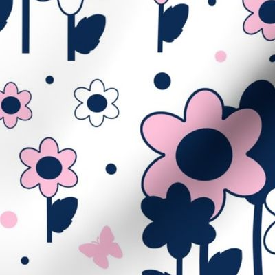 Navy Blue Pink Floral Butterfly