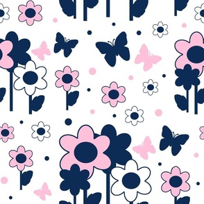 Navy Blue Pink Floral Butterfly