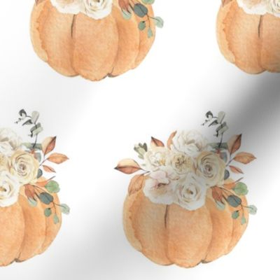 Watercolor Fall Floral Pumpkins {White} Medium Scale