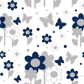 Navy Blue Gray Floral Butterfly