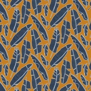 banana leaves navy on orange - small scale