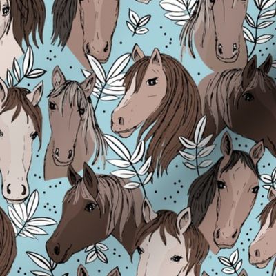 Wild horses freehand illustrated leaves and sweet horse faces girls dream ranch theme kids blue white neutral brown