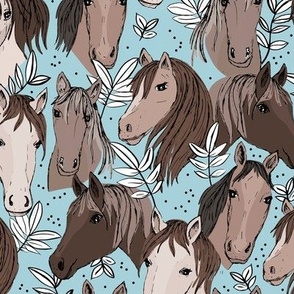 Wild horses freehand illustrated leaves and sweet horse faces girls dream ranch theme kids blue white neutral brown