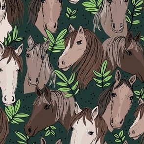 Wild horses freehand illustrated leaves and sweet horse faces girls dream ranch theme kids green pine white neutral brown