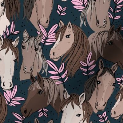 Wild horses freehand illustrated leaves and sweet horse faces girls dream ranch theme kids green pine navy blue pink