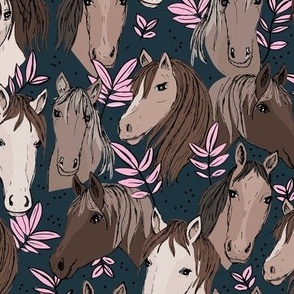Wild horses freehand illustrated leaves and sweet horse faces girls dream ranch theme kids green pine navy blue pink