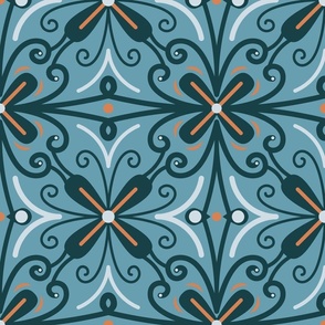 Abstract Blue and Orange Butterfly on an Aqua Background 