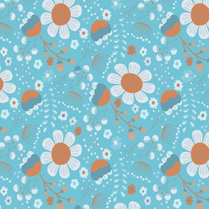 Orange and White Wild Flowers and Berries on a Light Blue Background