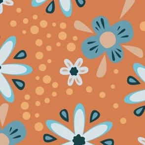 Blue and White Flowers on an Orange Polka Dot Background