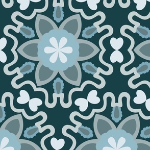 Large Green and Gray Green Flowers on a Dark Green Background