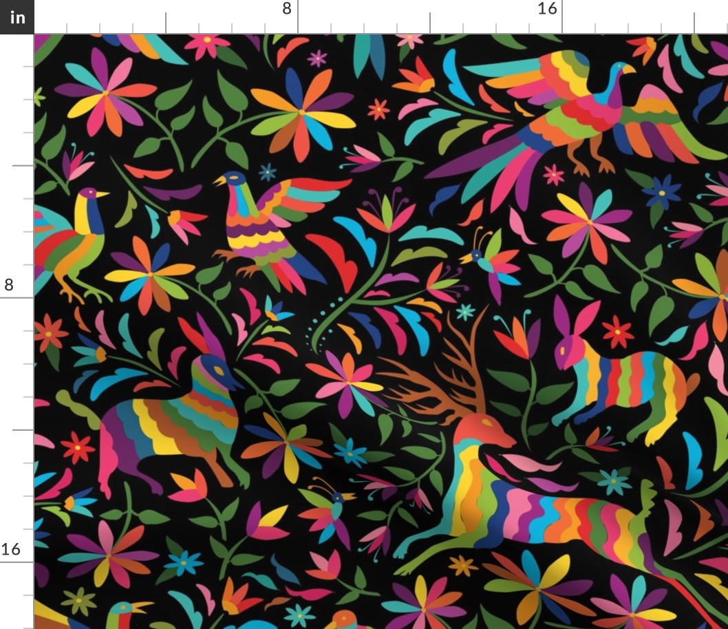 Otomí Flora & Fauna Pattern in Black Fabric | Spoonflower