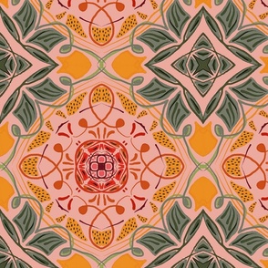 Green yellow floral pattern on pink 
