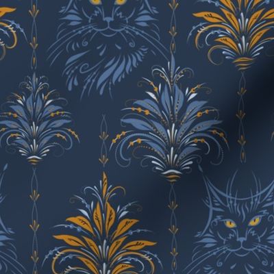 (M) Folk Floral Cat on Navy Blue / Detailed Hand-Drawn Floral Damask / coordinates with Navy, Desert Sun, Fog petalsolids / 8x12.5in medium scale