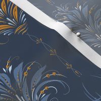 (M) Folk Floral Cat on Navy Blue / Detailed Hand-Drawn Floral Damask / coordinates with Navy, Desert Sun, Fog petalsolids / 8x12.5in medium scale