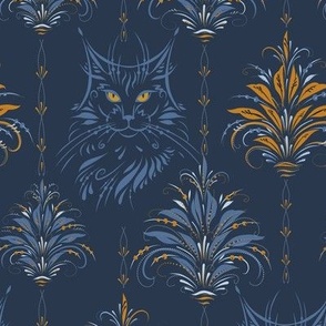 (M) Folk Floral Cat on Navy Blue / Detailed Hand-Drawn Floral Damask / coordinates with Navy, Desert Sun, Fog petalsolids / 8x12.5in medium scale