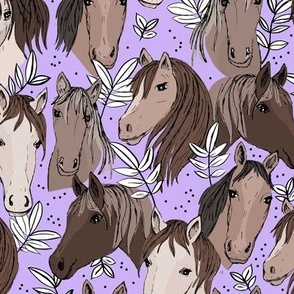 Wild horses freehand illustrated leaves and sweet horse faces girls dream ranch theme kids brown beige sand on lilac
