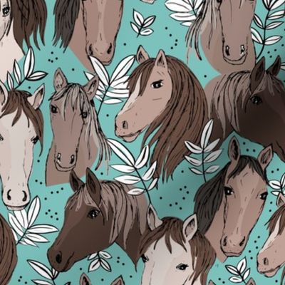 Wild horses freehand illustrated leaves and sweet horse faces girls dream ranch theme kids soft blue brown on white