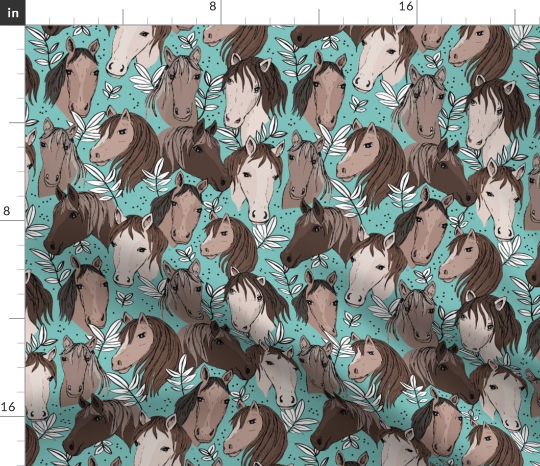 Wild horses freehand illustrated leaves and sweet horse faces girls dream ranch theme kids soft blue brown on white