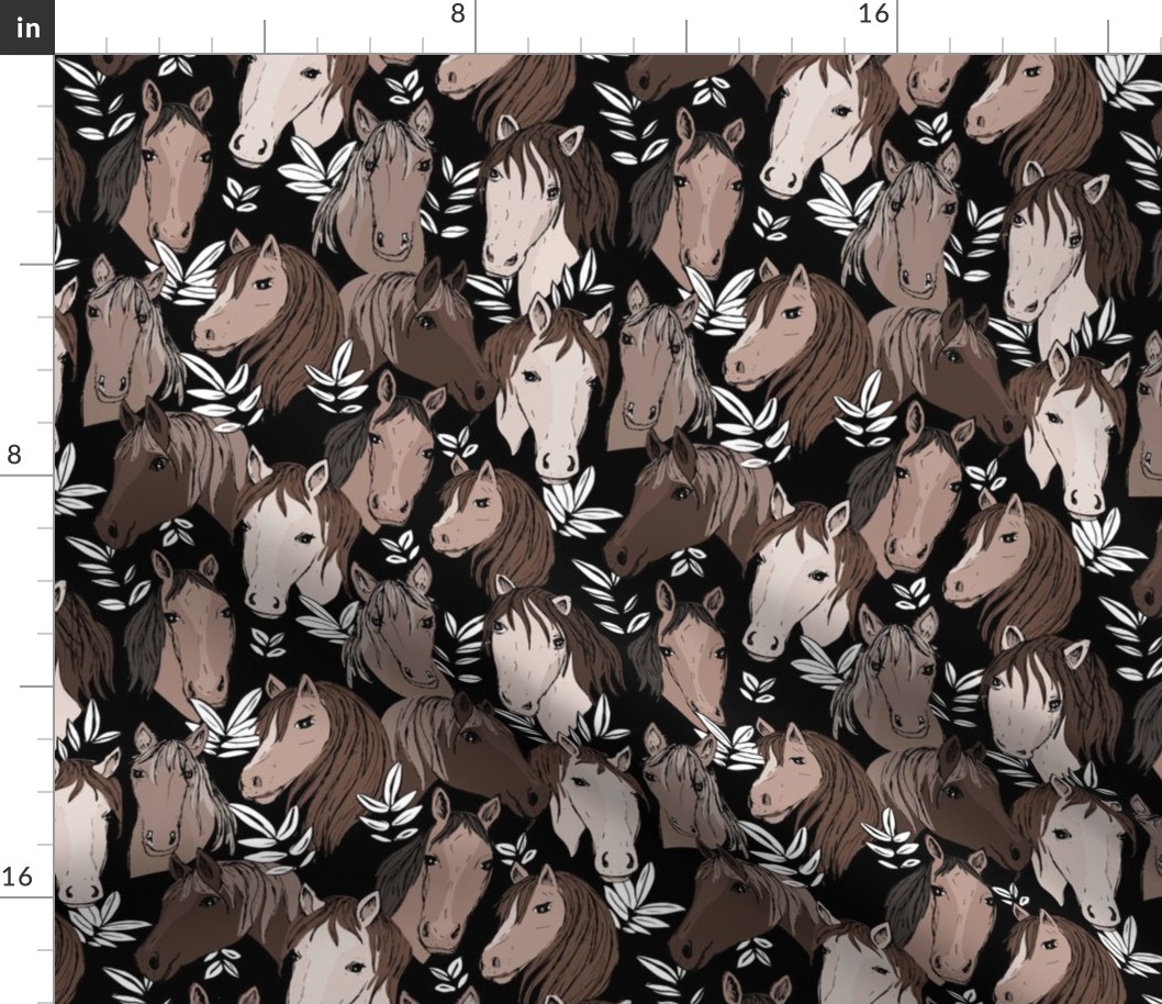 Wild horses freehand illustrated leaves and sweet horse faces girls dream ranch theme kids neutral brown beige on black