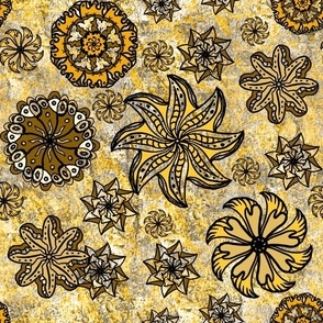 Retro vibe yellow whimsical botanicals on mono printed yellow background