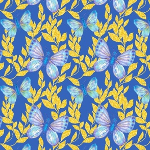 Butterflies and gold leaves on blue