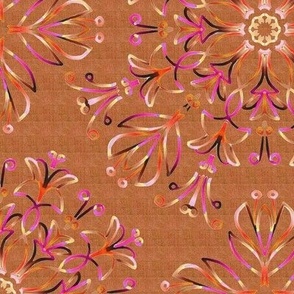 Stylized Crocus Floral Kaleidoscope in Pink and Coral on Chestnut Brown