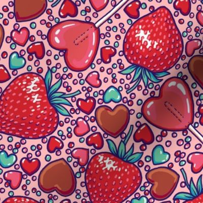 Kitsch Valentine sweets - strawberries, chocolate, lollipop hearts