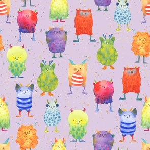 Large - Rainbow Monsters on Purple - Splattered Paint Background