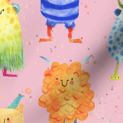 Large - Rainbow Monsters on Pink - Splattered Paint Background
